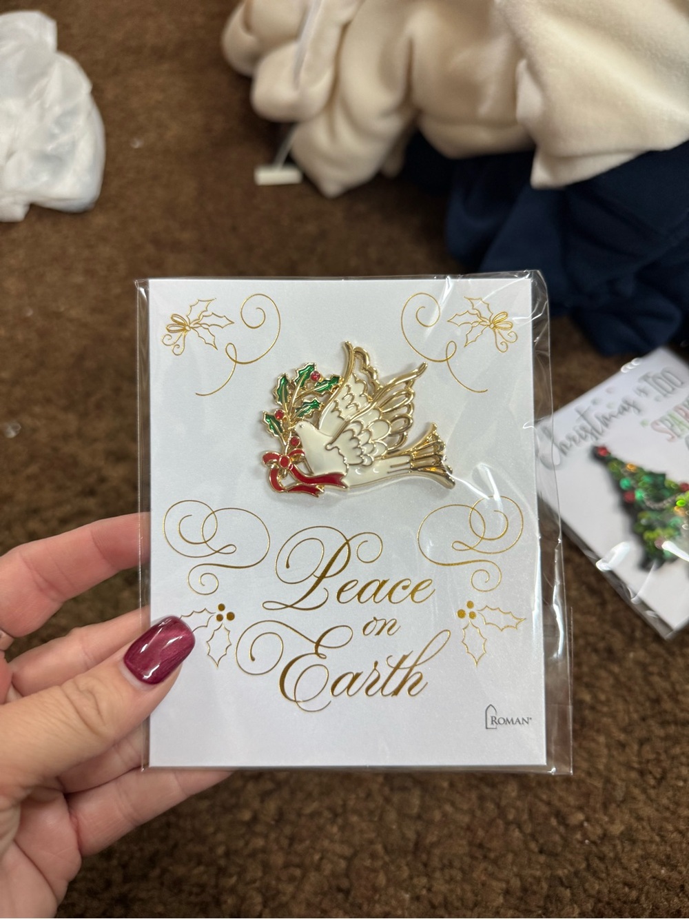 Roman Gold and White Dove Wall Pin with Red and Green Holly Accent